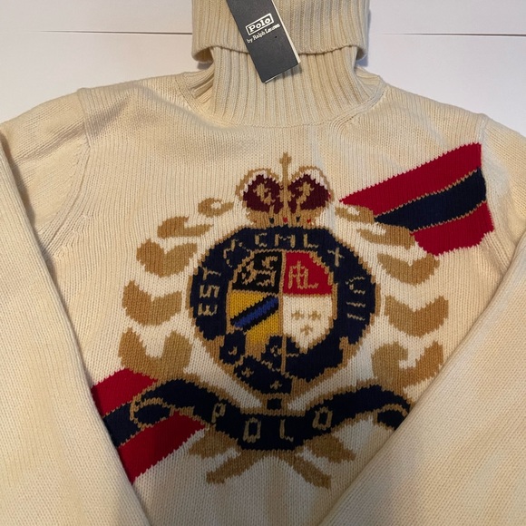 New Ralph Lauren Cream Turtleneck Sweater Intarsia Knit Logo Crest size M - Picture 4 of 11